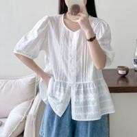 ราคา Elbow-Sleeve Crew Neck Embroidered Blouse White - One Size (1129930987)