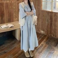 ราคา Maternity 3/4-Sleeve Crew Neck Plain Button-Up Midi Tunic Dress / Ruffle Trim Tie Front Lace Vest (1129965842)