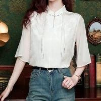 ราคา 3/4 Sleeve Stand Collar Jacquard Tassel Chiffon Blouse (1129963805)