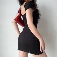 ราคา Short Sleeve Square Neck Frilled Hem Sheath Mini Dress (1129965141)