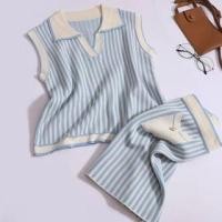 ราคา Set: Collar Striped Knit Tank Top + Mini Pencil Skirt Set Of 2 - Tank Top & Skirt - Light Blue - One Size (1129967088)