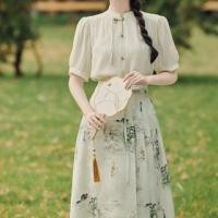 ราคา Set: Short-Sleeve Frog Buttoned Top + High Waist Maxi A-Line Skirt (1129959316)
