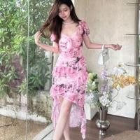 ราคา Short-Sleeve V-Neck Bow Accent Ruffle Trim Mesh High Low Sheath Dress (1129970305)