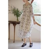 ราคา 3/4-Sleeve Crewneck Floral Print Midi A-Line Dress (1129979650)