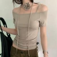 ราคา Set: Short-Sleeve Off-Shoulder Plain Drawstring Slim Fit Crop Top + Floral Choker (1129992904)