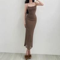 ราคา Spaghetti Strap Plain Shirred Midi Bodycon Dress (1129992486)