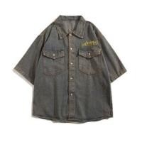 ราคา Short Sleeve Lapel Lettering Washed Denim Shirt (1130020688)