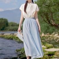 ราคา Traditional Chinese Short-Sleeve Stand Collar Jacquard Floral Buttoned Blouse / High Waist Plain Frog Buttoned Midi A-Line Skirt / Set (1130026926)