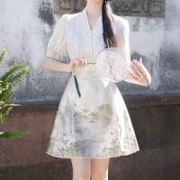 ราคา Traditional Chinese Elbow-Sleeve V-Neck Floral Embroidered Sequin Frog Buttoned Blouse / High Rise Print Satin Mini Ma Mian Skirt / Set (1130027070)