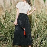 ราคา Traditional Chinese Short-Sleeve Stand Collar Jacquard Cutout Frog Buttoned Satin Blouse / High Waist Midi A-Line Skirt / Set (1130026511)