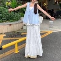 ราคา Sleeveless Mock Two Piece Ruffle Tie Front Top / High Rise Plain Tiered Maxi A-Line Skirt (1130026103)
