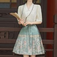 ราคา Traditional Chinese Elbow-Sleeve V-Neck Floral Embroidered Sequin Frog Buttoned Blouse / High Rise Print Mini Ma Mian Skirt / Set (1130026698)