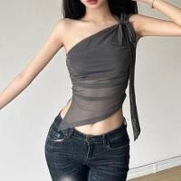 ราคา Sleeveless One Shoulder Plain Asymmetrical Ruched Slit Mesh Top (1130034472)