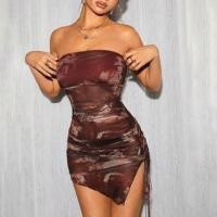 ราคา Patterned Print Drawstring Mesh Mini Sheath Tube Dress (1130034321)