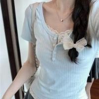 ราคา Short Sleeve Scoop Neck Mock Two-Piece Floral Print Panel Lace Trim Slim Fit T-Shirt (1129480320)