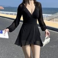 ราคา Long-Sleeve Halter V-Neck Mock Two-Piece Plain Swim Dress (1130060703)