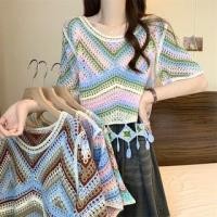 ราคา Elbow-Sleeve Crew Neck Color Block Perforated Fringed Crop Knit Top (1130081222)