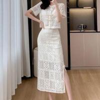ราคา Set: Short-Sleeve Crew Neck Plain Cutout Top + High Rise Slit Maxi Pencil Skirt (1130083660)