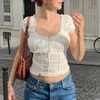 ราคา Cap-Sleeve Scoop Neck Plain Frill Trim Pintuck Tie Front Crop Top (1130071055)