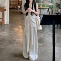 ราคา Sleeveless Round Neck Plain Slit Top / Mid Rise Plain Wide Leg Pants (1130094993)