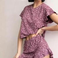 ราคา Pajama Set: Short-Sleeve Crew Neck Floral Print Crop T-Shirt + Elastic Waist Shorts (1130087063)