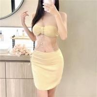 ราคา Set: Plain Chain Bandeau Bikini Top + Bottom + Lace Up Cover Up Skirt (1130102279)