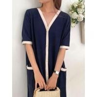 ราคา Short-Sleeve V-Neck Contrast Trim Midi Dress (1130102732)