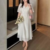 ราคา Short-Sleeve V-Neck Plain Cutout Midi A-Line Dress (1130117294)