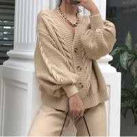 ราคา Puff Sleeve V-Neck Plain Cable-Knit Loose-Fit Cardigan (1118743179)