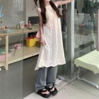 ราคา Sleeveless Crew Neck Plain Slit Pointelle Knit Long Top (1130130006)