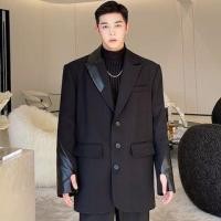ราคา Peak Lapel Plain Panel Faux Leather Single Breasted Blazer (1124353670)