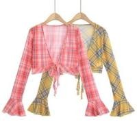 ราคา Long Sleeve Plaid Tie-Front Cropped Top (1130152693)