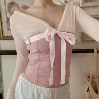 ราคา Long Sleeve V-Neck Ribbon Bow Accent Color-Block Paneled Slim-Fit Crop Top (1130142967)