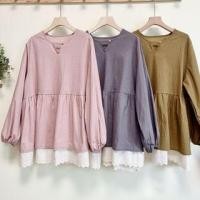 ราคา Long-Sleeve Crew Neck Floral Print Eyelet Lace Panel Cutout Layered Blouse (1130150444)