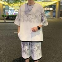 ราคา Set: Short-Sleeve Crew Neck Palm Tree Lettering Print Mock Two Piece T-Shirt + Drawstring Waist Sweat Shorts (1130167791)