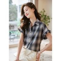 ราคา Short-Sleeve Collared Plaid Frill Trim Button-Up Blouse (1130157905)