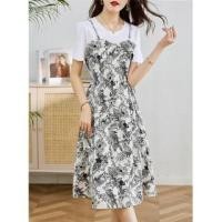 ราคา Short-Sleeve Crew Neck Mock Two-Piece Floral Print Tie Waist Midi A-Line Dress (1130157916)