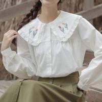 ราคา Long-Sleeve Ruffle Collar Floral Embroidered Blouse White - One Size (1130181284)