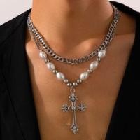 ราคา Cross Pendant Faux Pearl Layered Alloy Stainless Steel Necklace 05258 - 1 Pc - Silver & Off-White - One Size (1130181892)