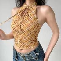 ราคา Halter Stand Collar Plaid Keyhole Tie Front Top (1130205094)