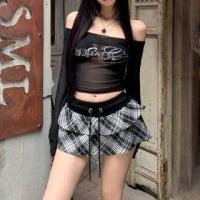 ราคา Long-Sleeve Off-Shoulder Lettering Rhinestone Crop Slim Fit T-Shirt / Drawstring Waist Plaid Tiered Mini A-Line Skirt (1130213535)