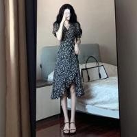 ราคา Puff-Sleeve V-Neck Floral Print Ruffle Trim Tie Waist Wrap Midi A-Line Dress (1130300211)