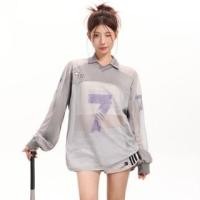 ราคา Long Sleeve Collared Number Print Mesh Panel Oversized T-Shirt (1130310678)