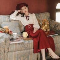 ราคา Long-Sleeve Collared Bow Accent Faux Pearl Buttoned Lace Blouse / High Waist Plain Maxi A-Line Skirt / Belt / Set (1125321049)