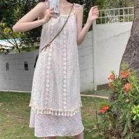 ราคา Spaghetti Strap Floral Tassel Lace Panel Midi A-Line Dress (1130298647)