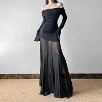 ราคา Bell Sleeve Off-Shoulder Plain Mesh Panel Slim-Fit Maxi A-Line Dress (1130316981)