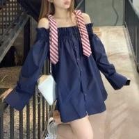 ราคา Long Sleeve Cold Shoulder Ruffle Tie Neck Mock Two Piece Mini Shirt Dress (1130342293)