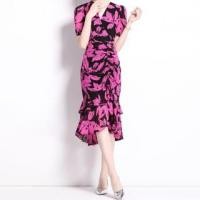 ราคา V-Neck Short Sleeve Floral Print Ruffle Midi Sheath Dress (1130341218)