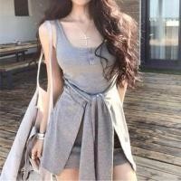 ราคา Sleeveless Scoop Neck Mock Two-Piece Plain Tie Waist Mini Sheath Dress (1130351085)