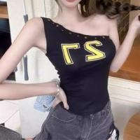 ราคา One Shoulder Studded Numbering Print Crop Tank Top (1130374484)